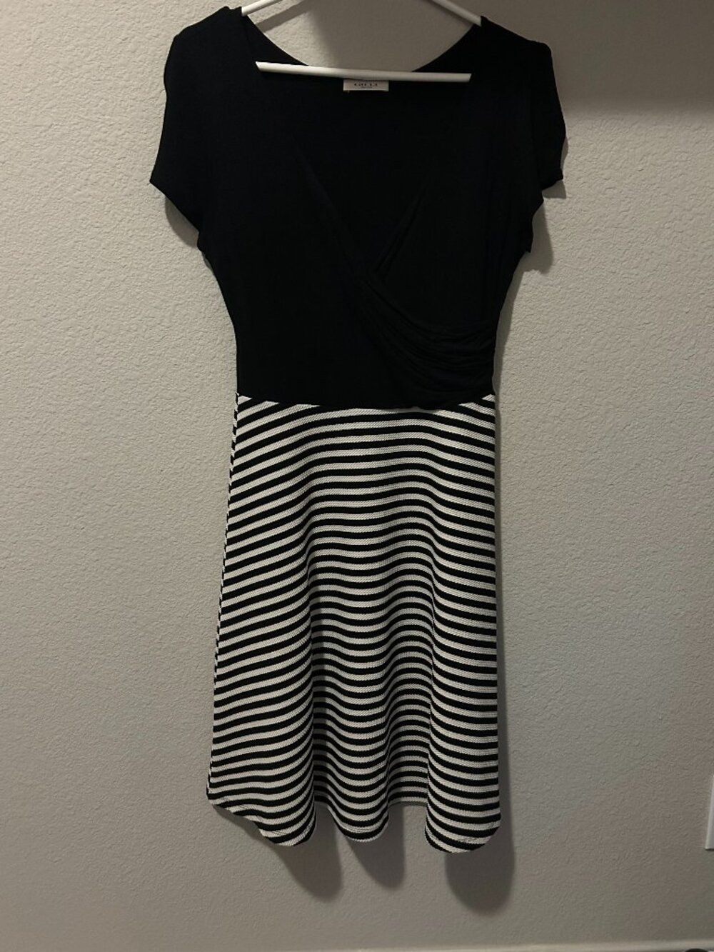 Gilli Black & White Striped Faux Wrap Fit & Flare Dress